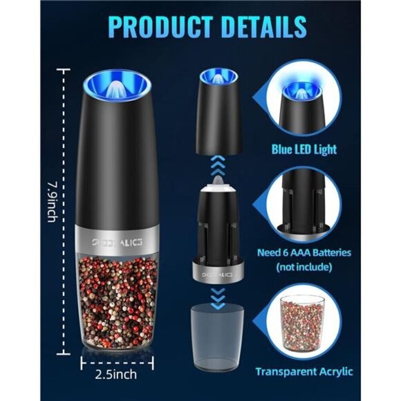 Gravity Electric Pepper and Salt Grinder Set, Adjustable Automatic - Picture 6 of 7